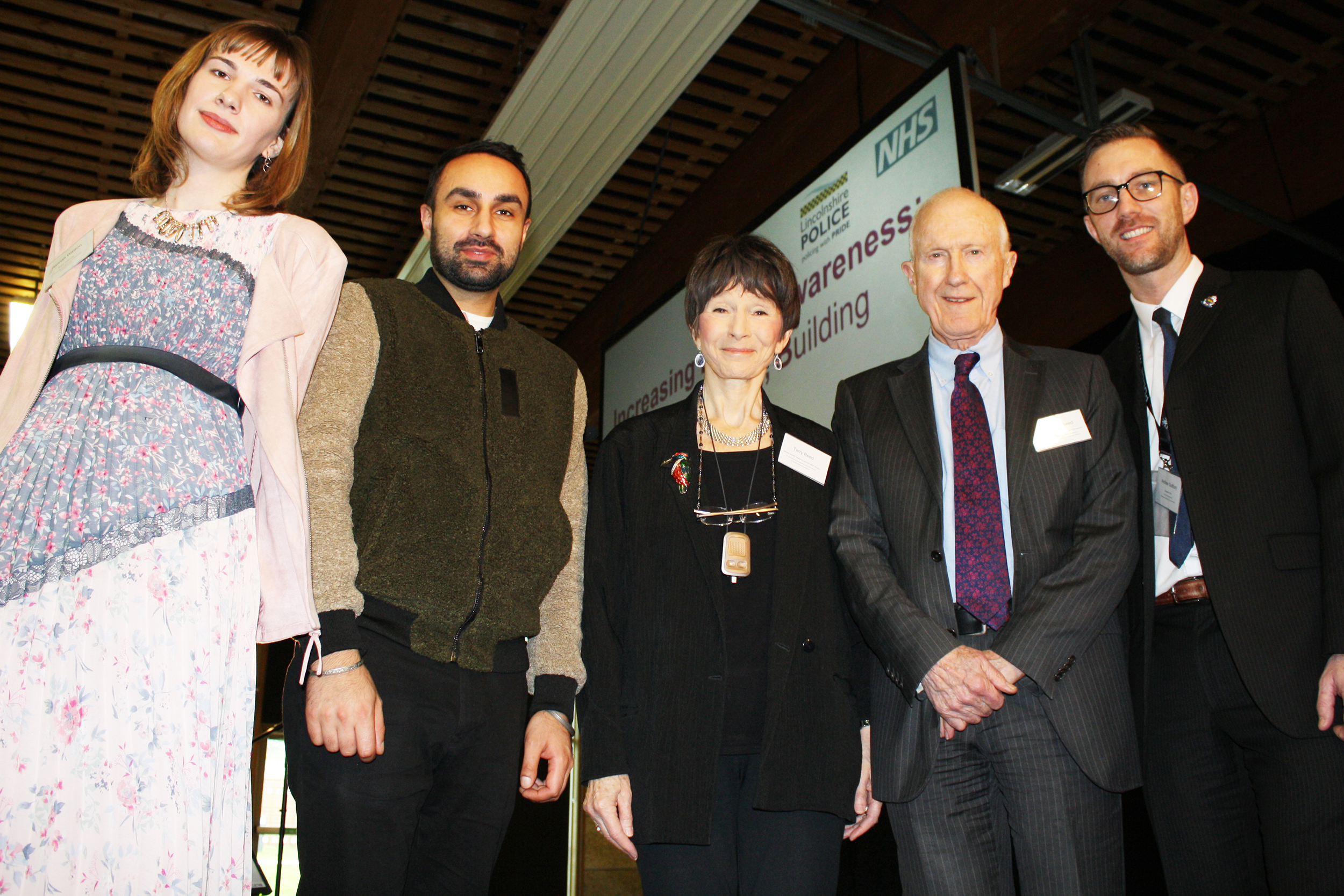 (Left to right) Hannah Watson, Manjinder Singh Sidhu, Terry Reed OBE, Bernard Reed OBE, PC Andrew Sudbury.